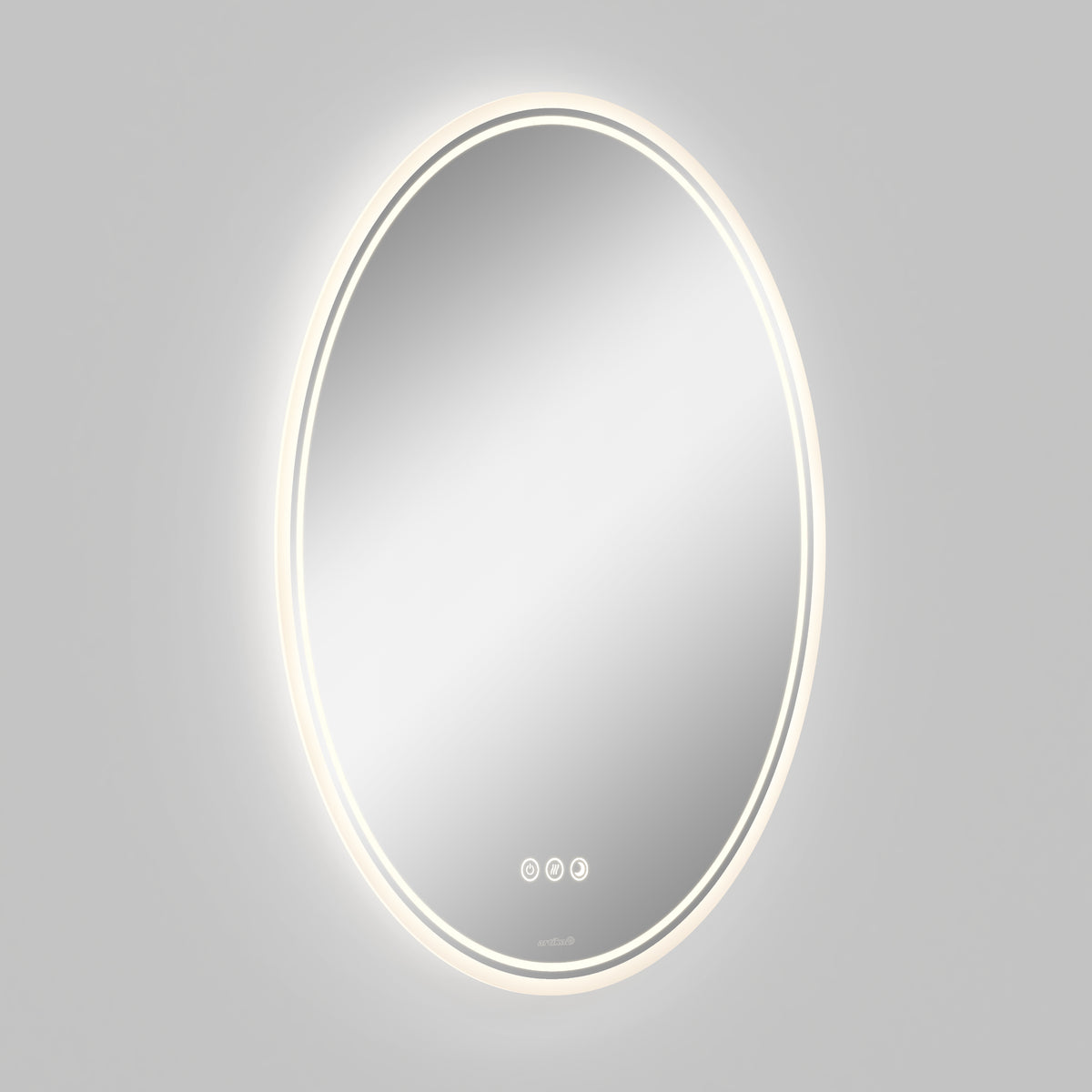 A round, wall-mounted mirror with a built-in LED light glowing around its edge, set against a plain light gray background. Three touch control buttons are visible at the bottom of the mirror.