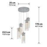 A modern ceiling pendant light with four cylindrical glass fixtures hanging at different heights. Dimensions are shown: 25 cm diameter, 23.5 cm fixture height, and 170 cm maximum hanging length.
