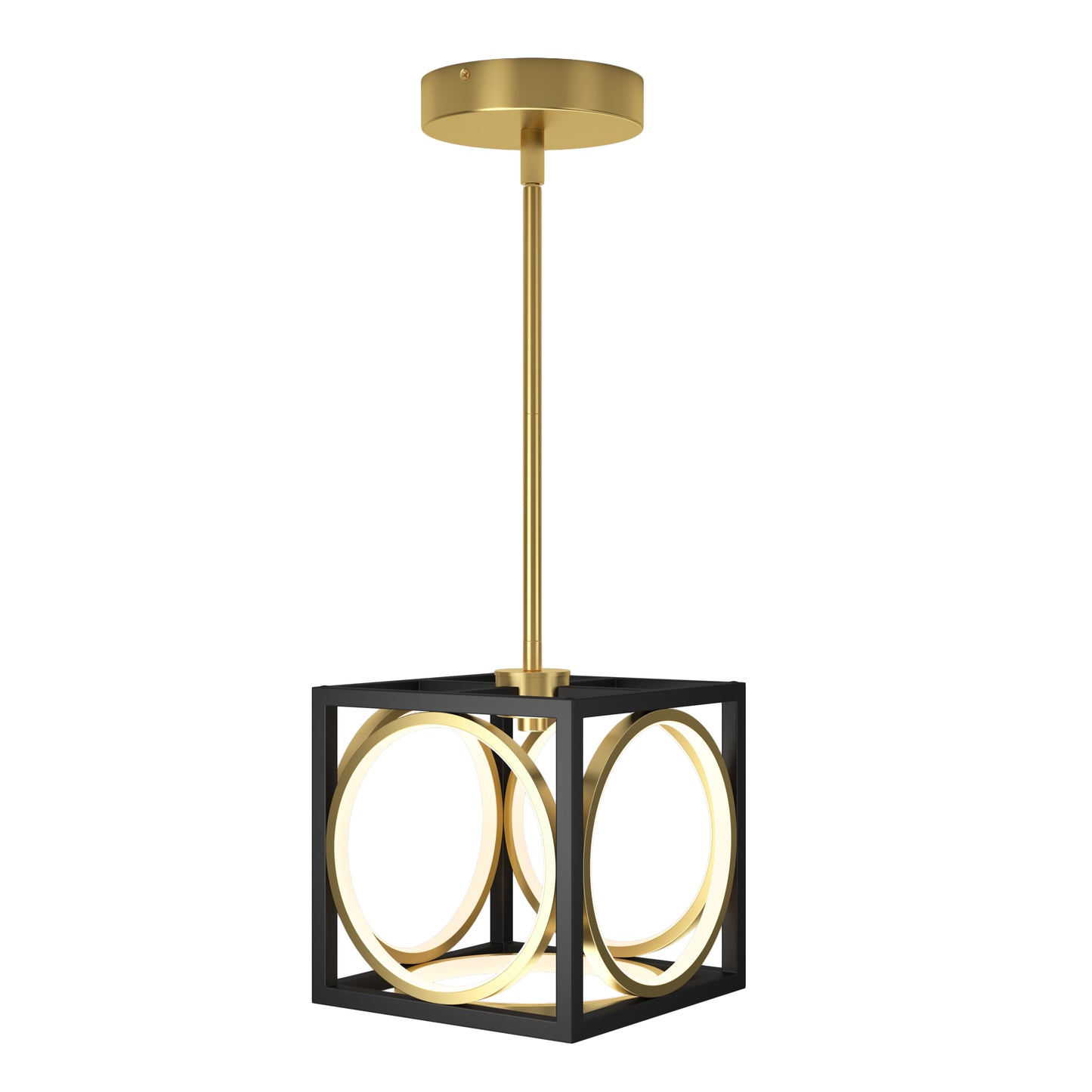 The Artika Astoria LED modern pendant light features a gold rod, circular LED rings, and a black square frame, all suspended from a round gold ceiling mount.