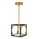 Modern pendant light fixture with a gold rod and canopy, featuring a black square frame containing intersecting gold rings, creating a geometric, contemporary design.