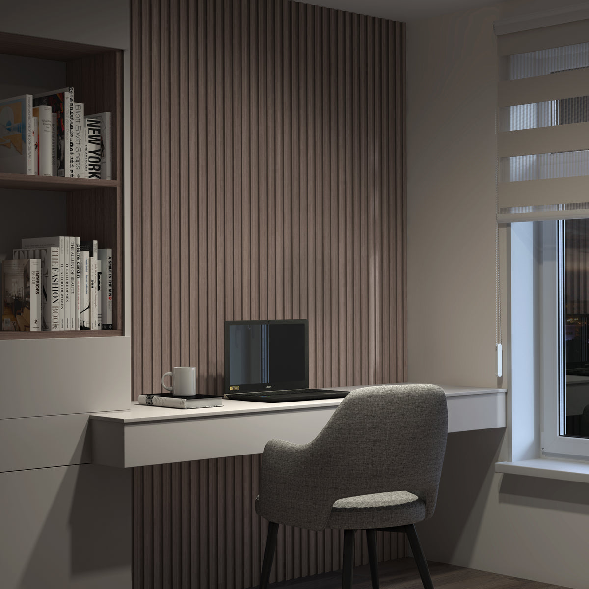 A modern home office features a gray upholstered chair, a white desk with a closed laptop, mug, books on shelves, and city views. The wall is decorated with Artika Panolok 30.67 ft wall panel kit (pack of 8) in an oak finish.