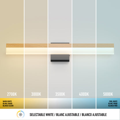 The Artika Neil modern LED bathroom vanity light displays five color temperatures—2700K, 3000K, 3500K, 4000K, and 5000K—showcasing a range from warm to cool white in separate sections.