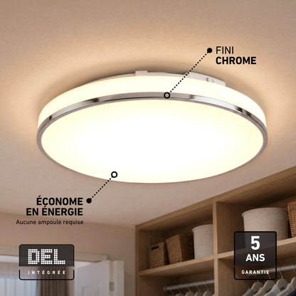 Artika Summit 15 in. LED Flush Mount 5CCT, chrome finish, energy efficient, 5-year warranty—ideal for closets.
