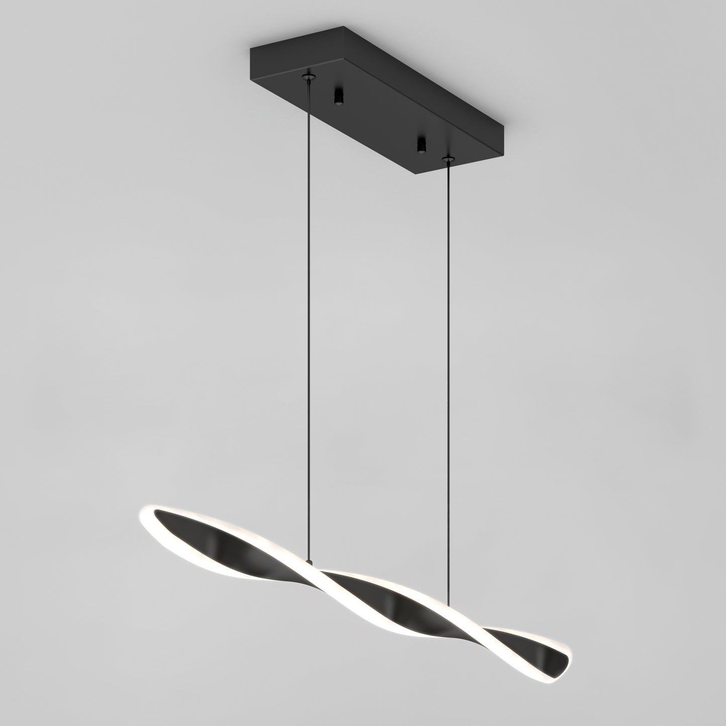 The Artika Finley Linear LED pendant light 3 CCT, featuring a modern black finish and a twisted wave-shaped design, hangs from two slim wires against a plain gray background.