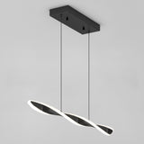 Modern pendant light fixture with a twisted, ribbon-like LED design, suspended from a rectangular black ceiling mount by two thin wires, against a plain gray background.