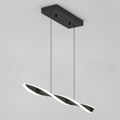 The Artika Finley Linear LED pendant light 3 CCT, featuring a modern black finish and a twisted wave-shaped design, hangs from two slim wires against a plain gray background.