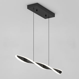 The Artika Finley Linear LED pendant light 3 CCT features a modern twisted wave-shaped fixture, black rectangular ceiling mount, and two slim cords, creating a sleek look against a plain white background.
