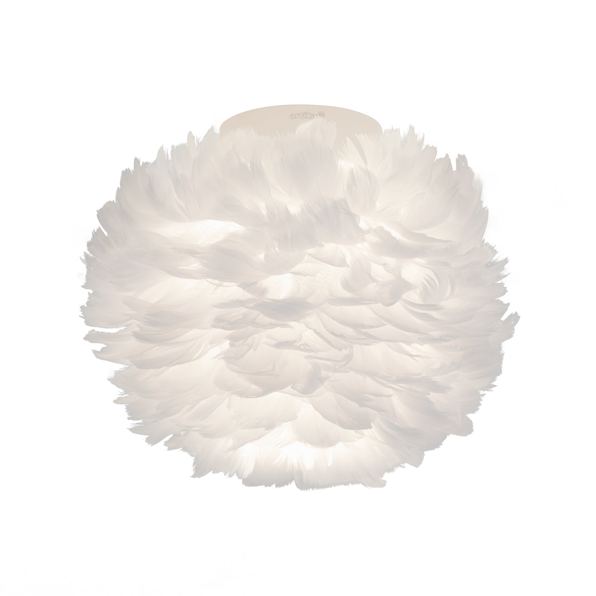 A spherical ceiling light fixture with soft, white feathers arranged densely around it, creating a glowing, cloud-like appearance.
