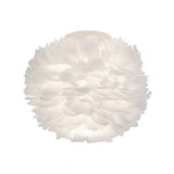 A spherical ceiling light fixture with soft, white feathers arranged densely around it, creating a glowing, cloud-like appearance.