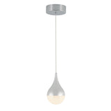 A modern pendant light with a silver teardrop-shaped fixture, hanging from a round ceiling mount on a slender cord. The lower half of the pendant features a textured, frosted glass diffuser.