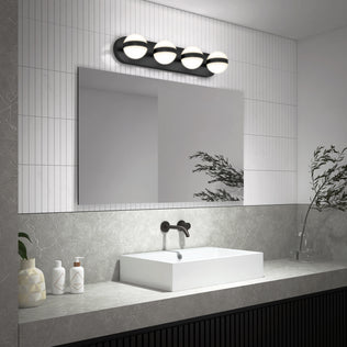 Modern bathroom with rectangular sink, large mirror, and Artika Baldric LED vanity light featuring adjustable 3 CCT.