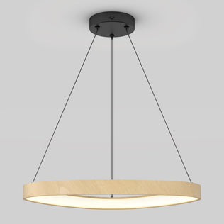 The Artika Bjorn modern LED pendant light 5 CCT features a circular wooden frame suspended by three black cables, casting a soft, even glow against a plain gray background.