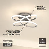 Modern ceiling light fixture with three interlocking LED rings in a chrome finish, mounted on a white ceiling. Text highlights energy efficiency, stainless steel and aluminum construction, and a 5-year warranty.