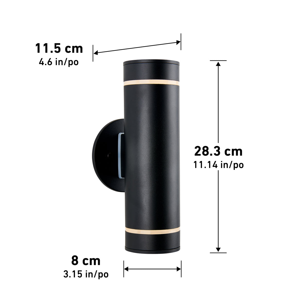 The Artika C7 indoor-outdoor wall light is a black cylindrical fixture with gold bands on a round base, rustproof and measuring 28.3 cm tall, 11.5 cm wide, and 8 cm deep—perfect for stylish lighting indoors or outdoors.