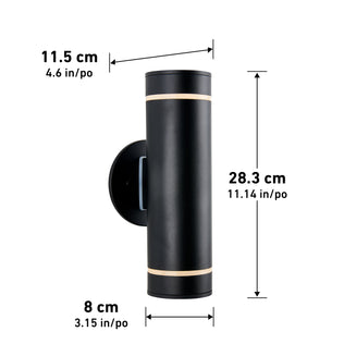 The Artika C7 indoor-outdoor wall light is a black cylindrical fixture with gold bands on a round base, rustproof and measuring 28.3 cm tall, 11.5 cm wide, and 8 cm deep—perfect for stylish lighting indoors or outdoors.