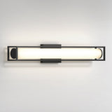 A modern wall-mounted light fixture with a rectangular black metal frame and a central cylindrical frosted glass shade emitting soft, even light.