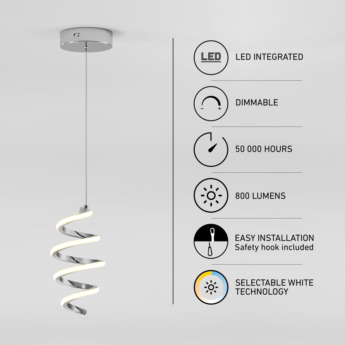 The Artika Chorus 1-light LED pendant hangs elegantly, featuring LED integration, dimmable settings, 50,000-hour lifespan, 800 lumens, easy installation, and 5 selectable white CCTs.
