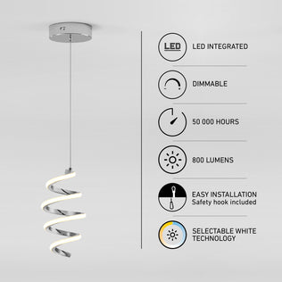 The Artika Chorus 1-light LED pendant hangs elegantly, featuring LED integration, dimmable settings, 50,000-hour lifespan, 800 lumens, easy installation, and 5 selectable white CCTs.