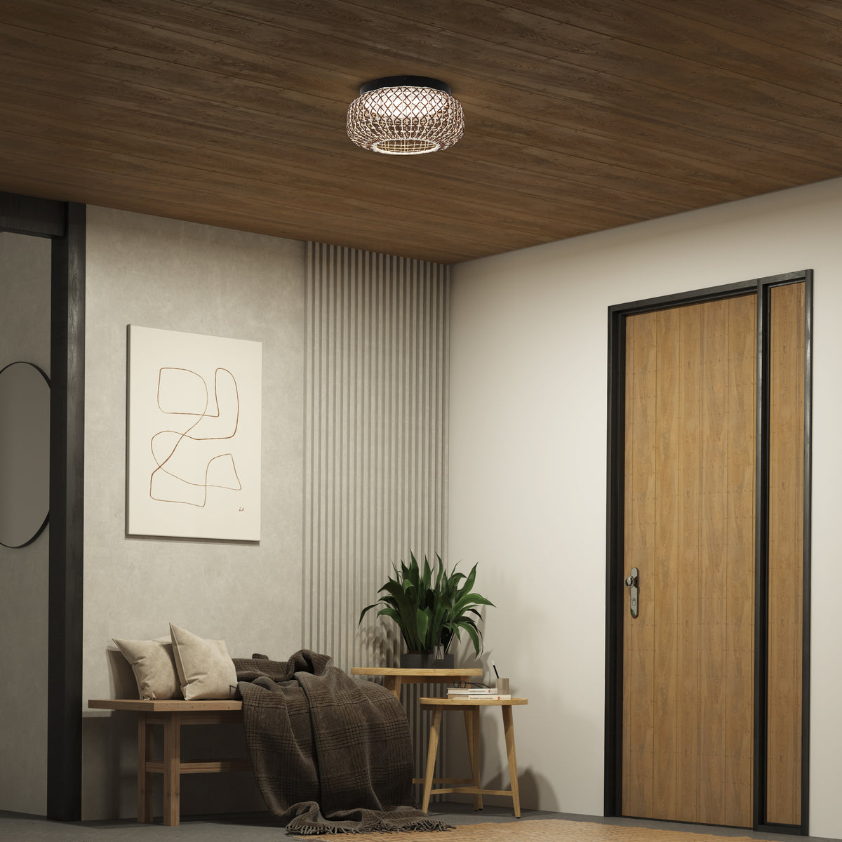 Modern entryway with a wooden ceiling, a round woven light fixture, a wooden door, minimalist art on the wall, a bench with pillows and blanket, a small table, and a potted plant.