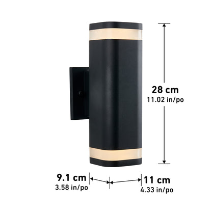 The Artika Mettle LED indoor-outdoor wall light features a sleek black cylindrical design with dual light bands, measuring 28 cm tall, 9.1 cm wide, and 11 cm deep, shown with labeled measurement lines.