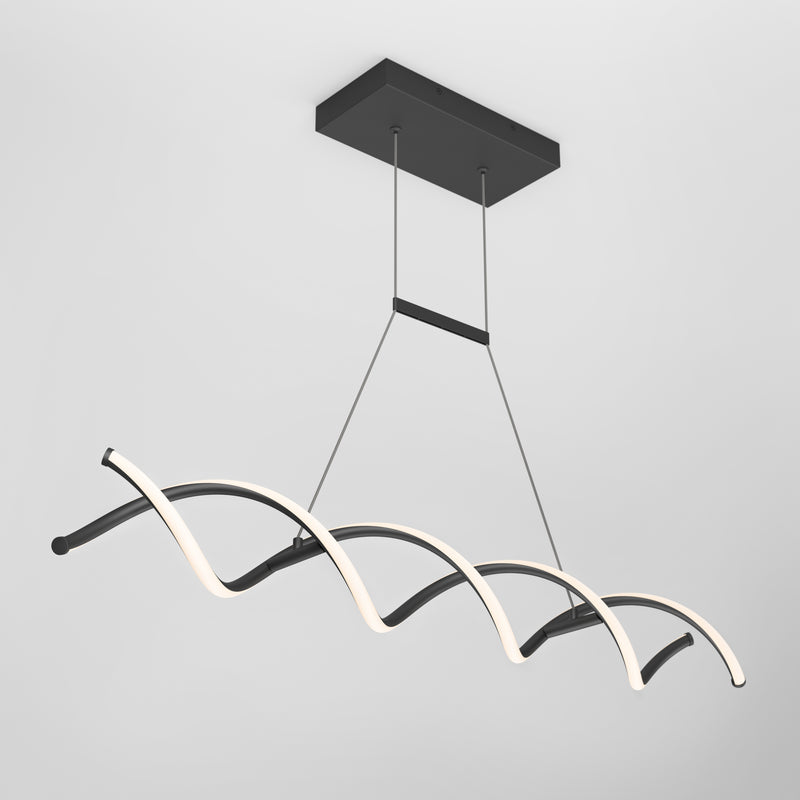 The Artika DNA Linear LED modern pendant light features a black rectangular base with two suspended wavy LED strips forming a spiral, shown against a plain white background.