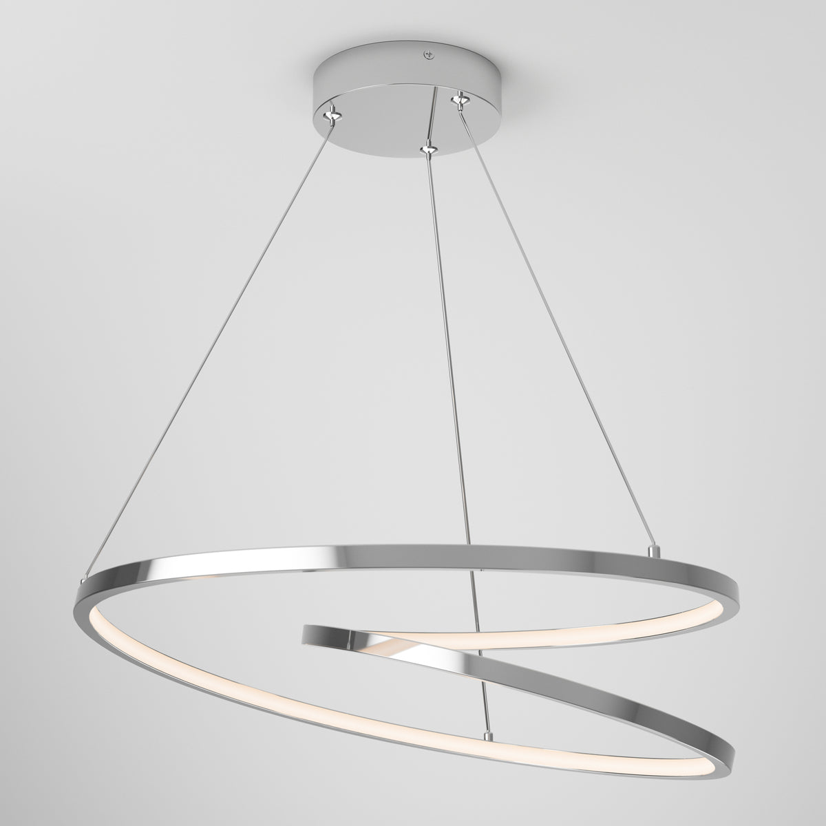 The Artika Salto LED pendant light features two intertwined circular rings in a chrome finish, suspended by three wires from a round ceiling mount, emitting a soft white glow—ideal for modern interiors.