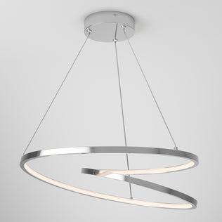 The Artika Salto LED pendant light features two intertwined circular rings in a chrome finish, suspended by three wires from a round ceiling mount, emitting a soft white glow—ideal for modern interiors.