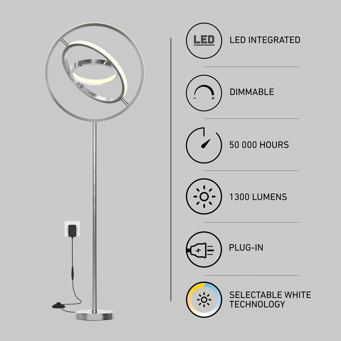 The Artika Pivot modern LED floor lamp features a circular dimmable LED light, thin stand, plug-in design, 1300 lumens brightness, selectable white technology (3 CCT), and up to 50,000 hours of integrated LED lifespan.
