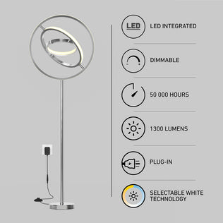 The Artika Pivot modern LED floor lamp features a circular dimmable LED light, thin stand, plug-in design, 1300 lumens brightness, selectable white technology (3 CCT), and up to 50,000 hours of integrated LED lifespan.
