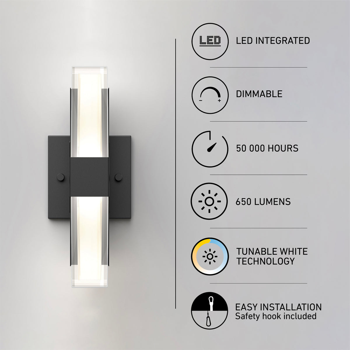 Modern wall light fixture with LED integration, dimmable feature, 50,000-hour lifespan, 650 lumens, tunable white technology, and easy installation. Informational icons and text are displayed on the right.