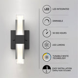 Modern wall light fixture with LED integration, dimmable feature, 50,000-hour lifespan, 650 lumens, tunable white technology, and easy installation. Informational icons and text are displayed on the right.