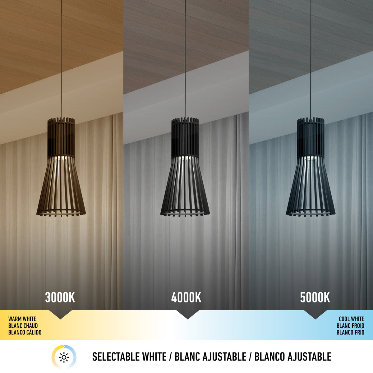A single pendant light is shown emitting three different color temperatures: warm white (3000K), neutral white (4000K), and cool white (5000K), demonstrating selectable white lighting options.