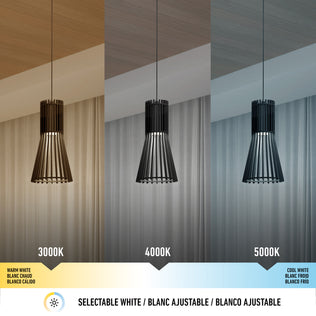 The Artika Kiyo modern LED pendant 3 CCT is shown illuminating a room in three white color temperatures—3000K warm, 4000K neutral, and 5000K cool—with a color temperature scale and description displayed below.