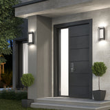 A modern front door with a vertical frosted glass panel, flanked by two outdoor wall lights and potted topiary plants on a small concrete porch, set against a gray exterior wall.