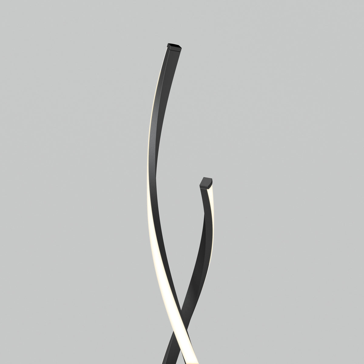 Two modern, curved black light fixtures with glowing white edges intertwine against a plain grey background, creating a minimalist and elegant design.
