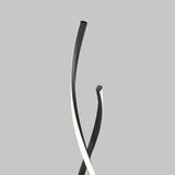Two modern, curved black light fixtures with glowing white edges intertwine against a plain grey background, creating a minimalist and elegant design.
