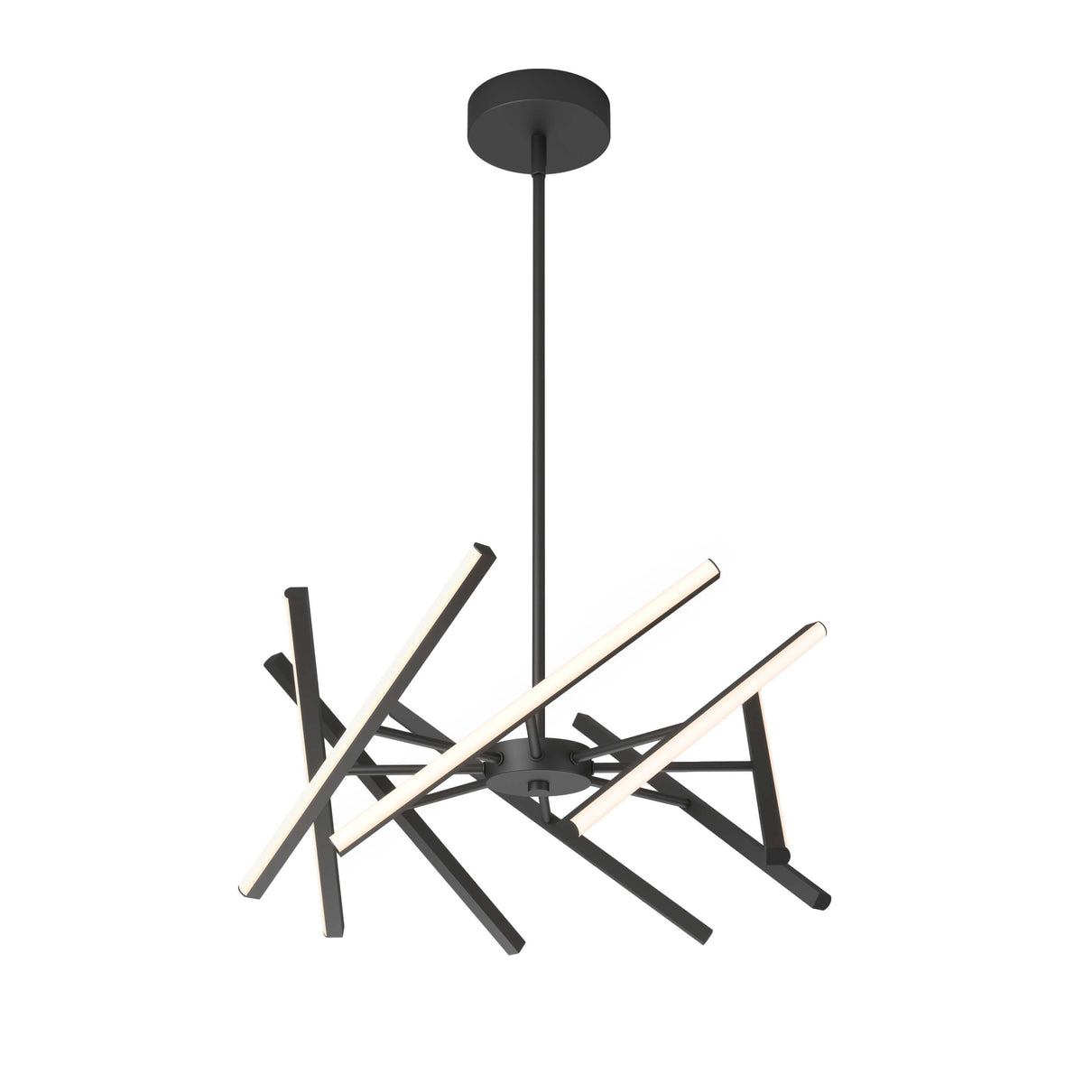 The Artika Malibu LED pendant light 3 CCT features a modern black design with intersecting illuminated rods in an abstract, geometric style, suspended from a single ceiling-mounted rod.
