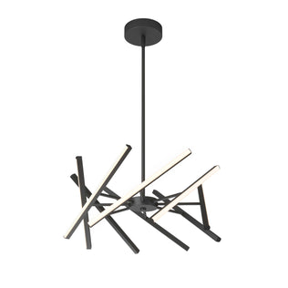 The Artika Malibu LED pendant light 3 CCT features a modern black design with intersecting illuminated rods in an abstract, geometric style, suspended from a single ceiling-mounted rod.