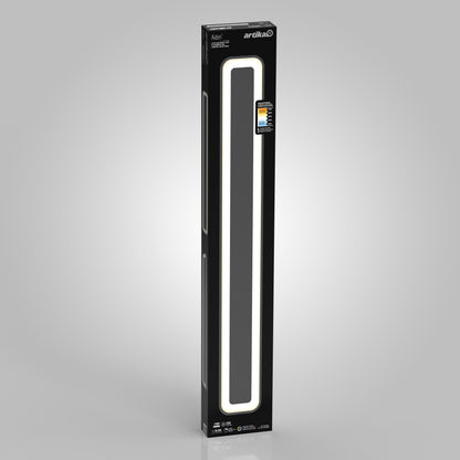 A tall, rectangular box with a black background shows the Artika Aiden 48 in. LED modern flush mount light 5 CCT, featuring a sleek illuminated fixture and an energy label for a stylish, modern look.