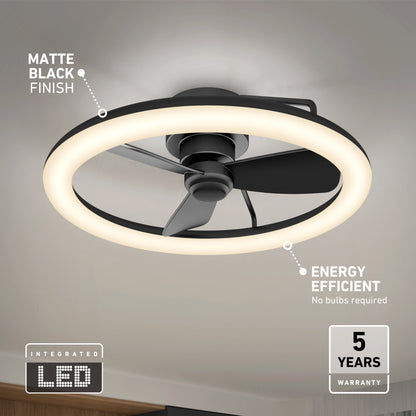 The Artika Darren 23 in. LED modern ceiling fan features a matte black finish, three blades, a circular integrated LED light, remote control, energy efficiency, no bulbs required, and includes a 5-year warranty.