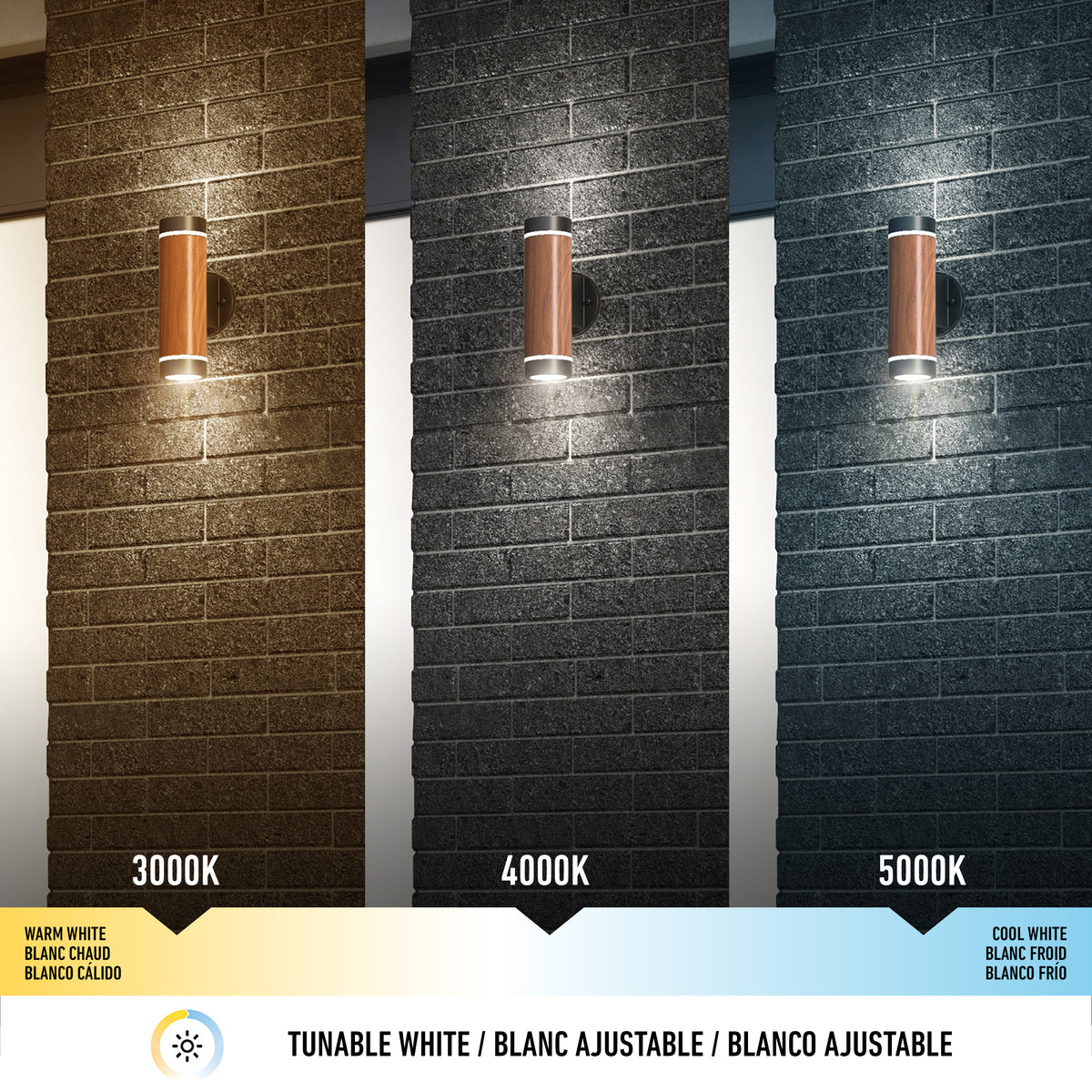Three Artika C7 indoor-outdoor LED wall lights on brick walls display warm white (3000K) left, neutral white (4000K) center, and cool white (5000K) right, each labeled with its color temperature below.