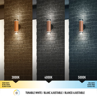 Three Artika C7 indoor-outdoor LED wall lights on brick walls display warm white (3000K) left, neutral white (4000K) center, and cool white (5000K) right, each labeled with its color temperature below.