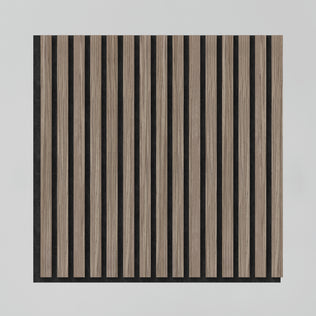 The Artika Sonolok 15.5 ft sound-absorbing wall panel kit features evenly spaced vertical wooden slats on a black background, creating a modern, minimalist look against a light grey backdrop.