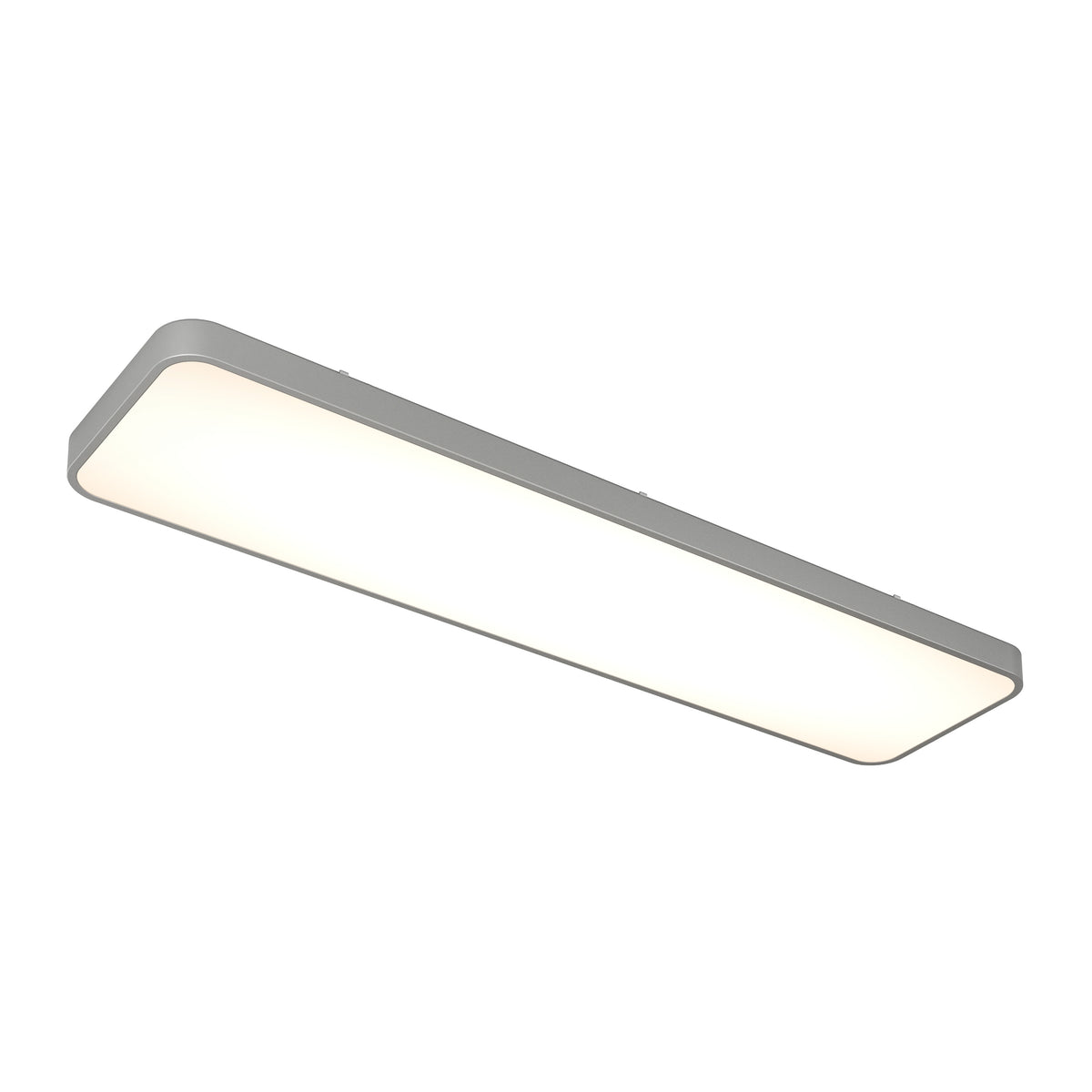Rectangular, modern ceiling light fixture with a slim, gray frame and a frosted white surface, emitting a soft, even light. The design is minimalistic and contemporary.