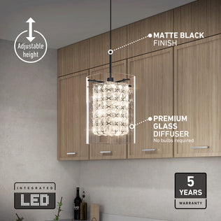 Artika Crystal Cube 1-light LED pendant with crystal glass diffuser, matte black/chrome finish, adjustable height, and dimmer.