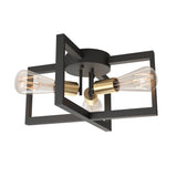 A modern ceiling light fixture with two exposed bulbs, featuring a geometric black metal frame and gold bulb sockets.