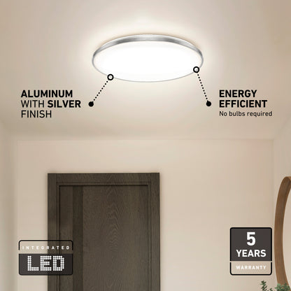 The Artika Europa 21 in. LED modern flush mount light with remote features a silver aluminum finish, energy-efficient integrated LED, and a 5-year warranty. No bulbs needed—perfect for mounting above doorways.