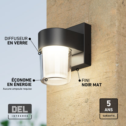 Artika Halden indoor-outdoor LED wall light 5 CCT with a glass diffuser and matte black finish mounted on a stone wall.
