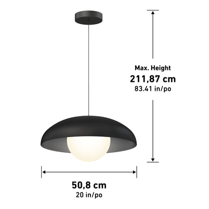 The Artika Boden LED modern mid-century pendant light features a black dome-shaped shade, round white bulb, adjustable height up to 211.87 cm, and a width of 50.8 cm, offering versatile 3 CCT lighting for any ceiling space.