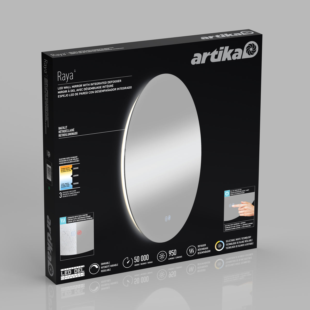 A black rectangular box displays the Artika Raya LED wall mirror with integrated defogger. The packaging shows a large round mirror with touch controls and LED icons, as well as product details and features in white text.